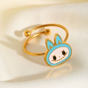 18K Gold Plated Blue Enamel Labubu Inspired Theme Ring No Fade Monsters